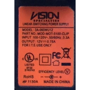 ADAPTADOR VISION SPECIALTIES VCA / NUMERO DE PARTE MOD-MOT-5100-CLIP / MODELO 3A-093WU12 / ENTRADA VCA 100-120V~50-60Hz .3A / SALIDA VCD 12V-.75A 	